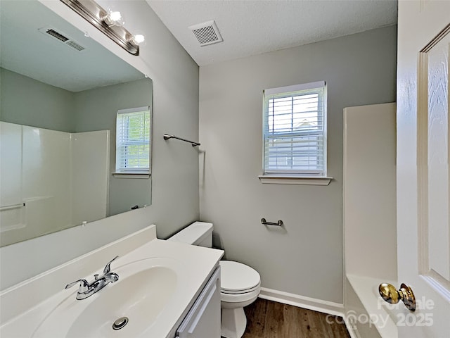 4328 Frank Vance Rd, Charlotte, NC 28216 - full bath featuring healthy amount of natural light, toilet, wood finished floors, vanity, and a textured ceiling