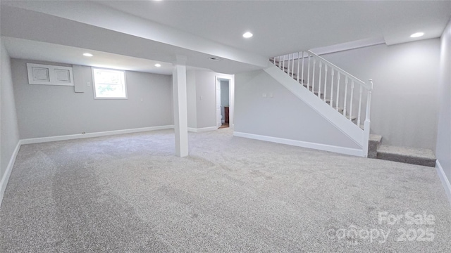 1838 Harmon St, Morganton, NC 28655 - basement featuring carpet flooring, stairs, baseboards, and recessed lighting