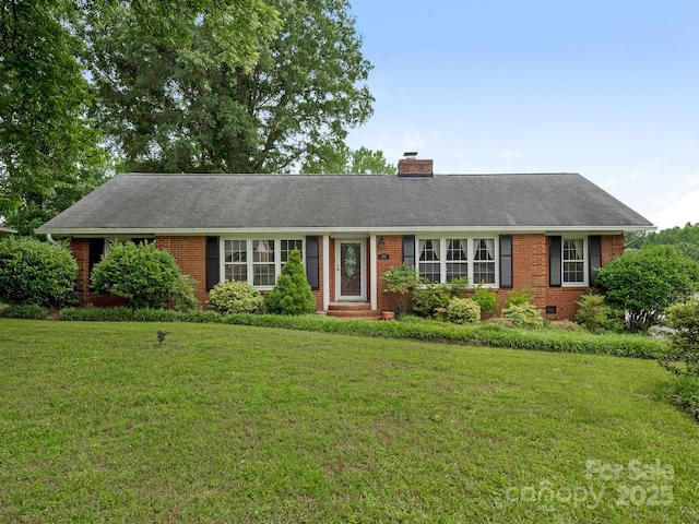3408 Oak Tree Trl, Matthews, NC 28105 - ranch-style home with brick siding, a front lawn, a chimney, and roof with shingles
