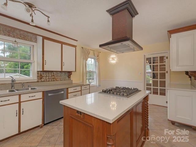 3408 Oak Tree Trl, Matthews, NC 28105 - kitchen featuring stainless steel appliances, wall chimney exhaust hood, a sink, white cabinets, and a textured ceiling