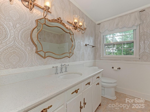 3408 Oak Tree Trl, Matthews, NC 28105 - bathroom with wallpapered walls, vanity, crown molding, toilet, and tile patterned flooring