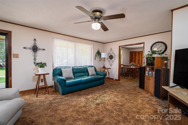 5958 Hoover Elmore Rd, Lincolnton, NC 28092 - carpeted living area featuring ceiling fan, crown molding, a textured ceiling, and baseboards