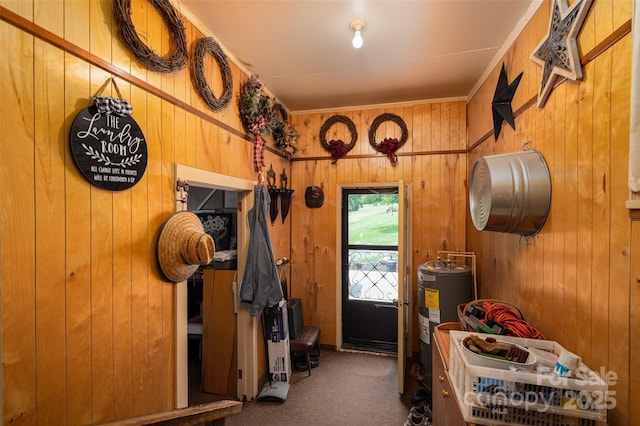 5958 Hoover Elmore Rd, Lincolnton, NC 28092 - kitchen featuring electric water heater, wooden walls, and carpet floors