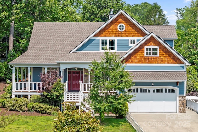 12 Broadmoor Dr, Arden, NC 28704 - craftsman-style home with roof with shingles, a porch, concrete driveway, an attached garage, and stairs