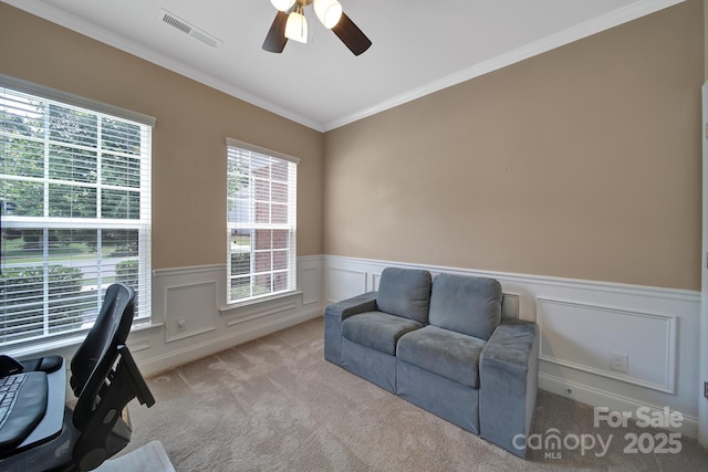 5424 Tilley Manor Dr, Matthews, NC 28105 - office space featuring a ceiling fan, wainscoting, carpet floors, ornamental molding, and a decorative wall