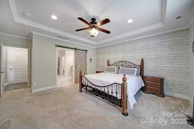 5424 Tilley Manor Dr, Matthews, NC 28105 - bedroom featuring a barn door, carpet floors, ornamental molding, recessed lighting, and ceiling fan