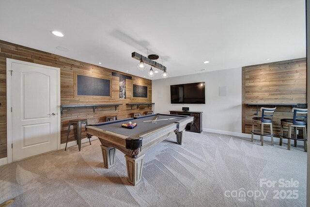 5424 Tilley Manor Dr, Matthews, NC 28105 - rec room with wood walls, recessed lighting, carpet floors, billiards table, and an accent wall