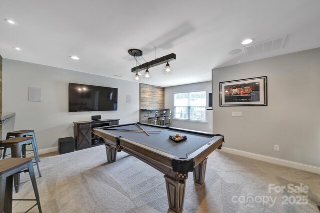 5424 Tilley Manor Dr, Matthews, NC 28105 - recreation room featuring light carpet, billiards, and recessed lighting