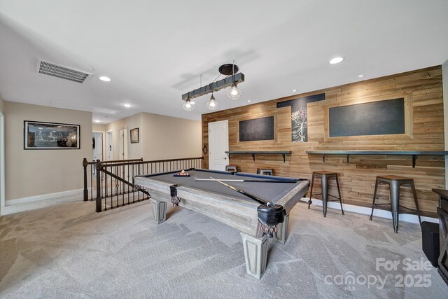 5424 Tilley Manor Dr, Matthews, NC 28105 - game room featuring carpet, wooden walls, recessed lighting, and billiards table