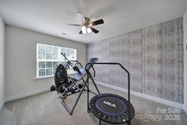 5424 Tilley Manor Dr, Matthews, NC 28105 - workout room with ceiling fan, wallpapered walls, and carpet