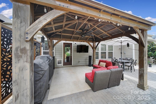 5424 Tilley Manor Dr, Matthews, NC 28105 - view of patio / terrace with a gazebo, outdoor dining space, and a ceiling fan