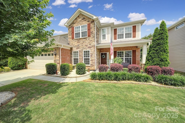 5424 Tilley Manor Dr, Matthews, NC 28105 - traditional home featuring a front yard, stone siding, an attached garage, and concrete driveway