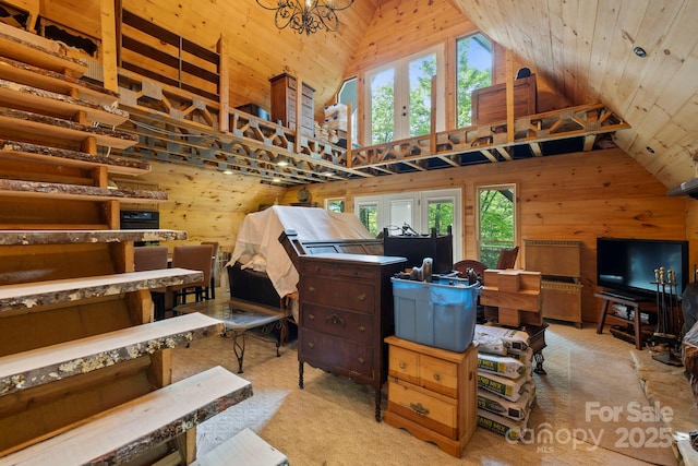 193 Falls View Dr, Lake Toxaway, NC 28747 - office with high vaulted ceiling, wooden walls, wooden ceiling, and carpet floors