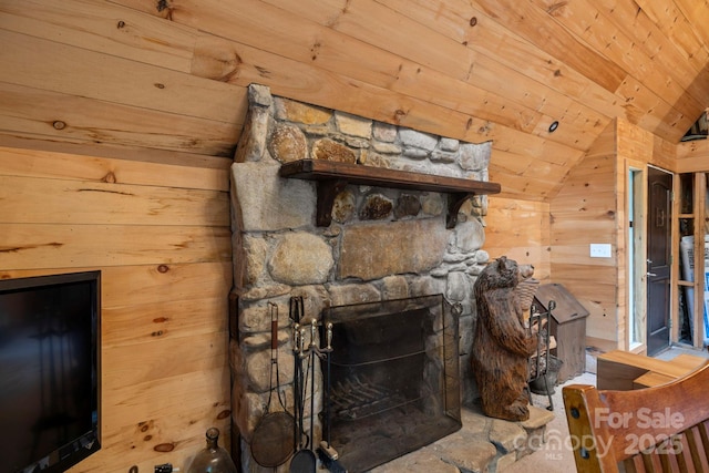 193 Falls View Dr, Lake Toxaway, NC 28747 - detailed view of wood walls, wooden ceiling, and a fireplace