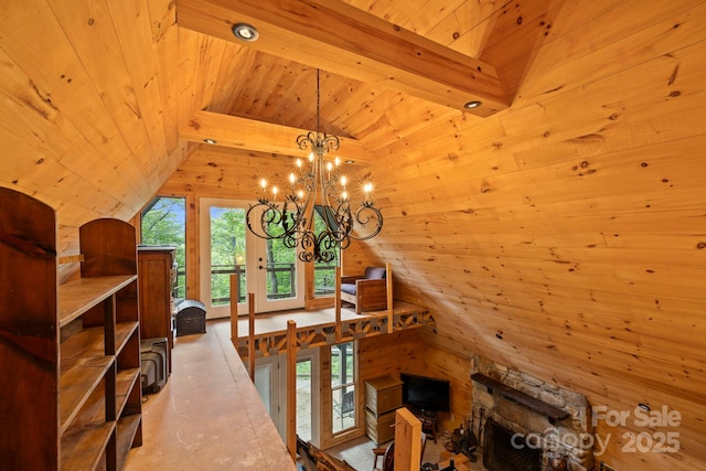 193 Falls View Dr, Lake Toxaway, NC 28747 - additional living space with vaulted ceiling, wood walls, wooden ceiling, and a chandelier