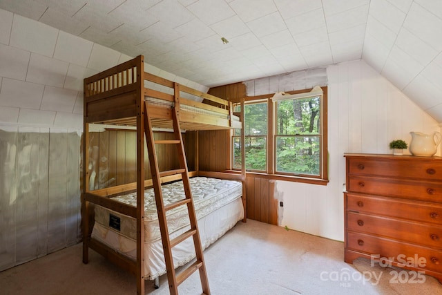 193 Falls View Dr, Lake Toxaway, NC 28747 - unfurnished bedroom featuring wood walls, carpet floors, and vaulted ceiling