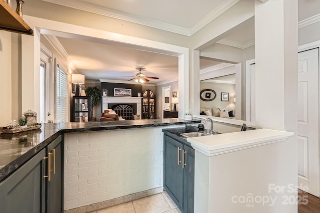 1175 18th Ave NE, Hickory, NC 28601 - kitchen with a sink, ornamental molding, open floor plan, a ceiling fan, and a fireplace