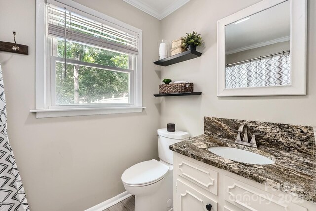 1175 18th Ave NE, Hickory, NC 28601 - full bathroom with toilet, vanity, crown molding, baseboards, and wood finished floors