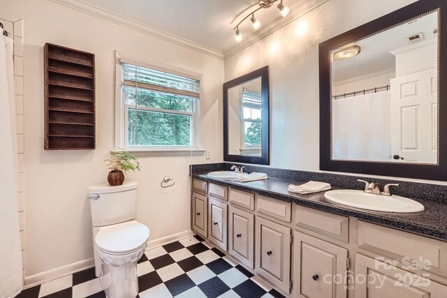1175 18th Ave NE, Hickory, NC 28601 - bathroom with double vanity, tile patterned floors, toilet, crown molding, and baseboards