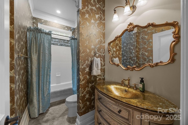 1629 Southpoint Ln, New London, NC 28127 - bathroom featuring vanity, toilet, shower / bath combo, wallpapered walls, and ornamental molding