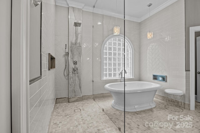 1629 Southpoint Ln, New London, NC 28127 - bathroom with tile walls, walk in shower, a freestanding bath, ornamental molding, and tile patterned floors