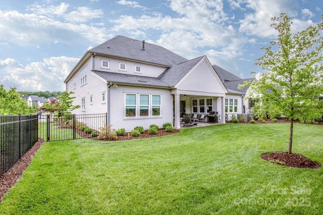 13708 Huntson Park Ln, Huntersville, NC 28078 - rear view of house with a patio, a fenced backyard, stucco siding, and a shingled roof