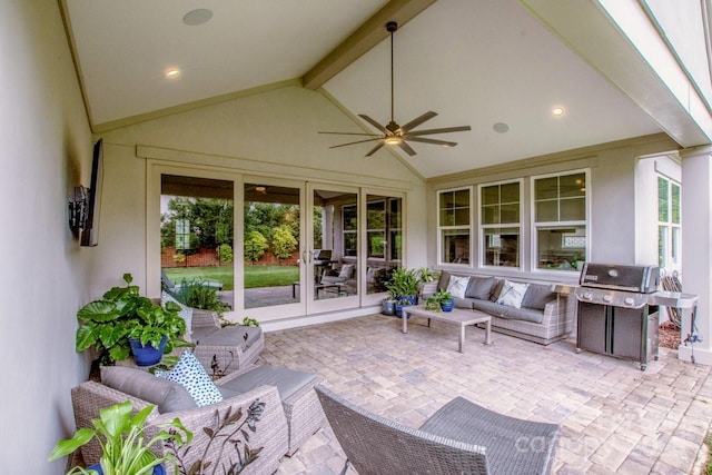 13708 Huntson Park Ln, Huntersville, NC 28078 - view of patio with grilling area, french doors, outdoor lounge area, and a ceiling fan