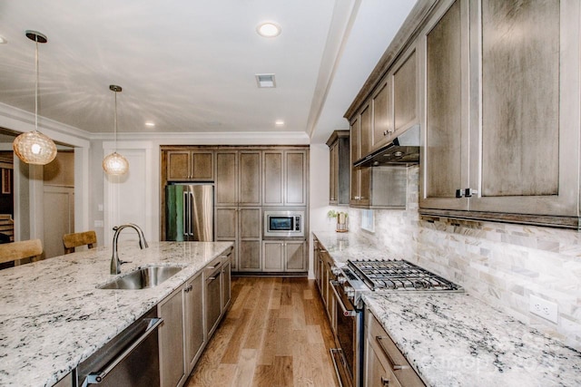 13708 Huntson Park Ln, Huntersville, NC 28078 - kitchen featuring stainless steel appliances, under cabinet range hood, light stone countertops, pendant lighting, and light wood-type flooring