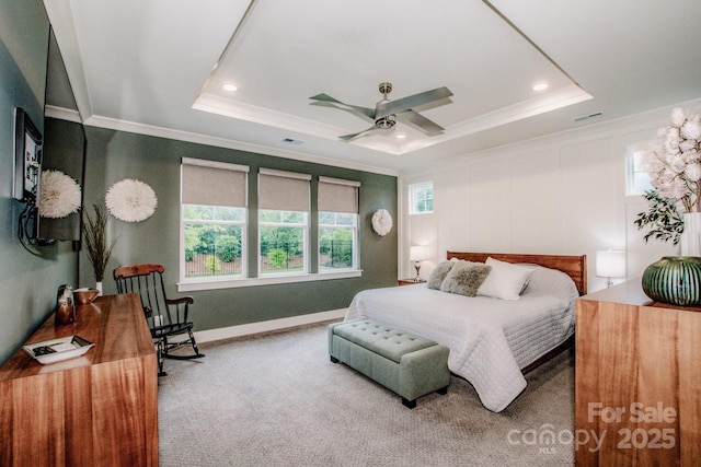 13708 Huntson Park Ln, Huntersville, NC 28078 - carpeted bedroom featuring a raised ceiling, crown molding, recessed lighting, and ceiling fan