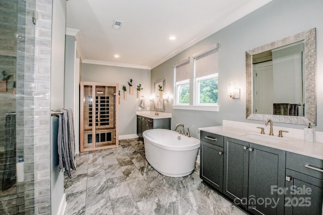 13708 Huntson Park Ln, Huntersville, NC 28078 - full bathroom featuring crown molding, two vanities, a freestanding bath, marble finish flooring, and tiled shower