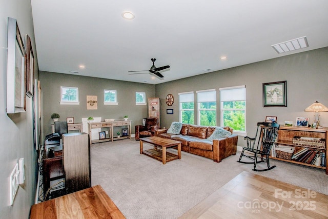 13708 Huntson Park Ln, Huntersville, NC 28078 - carpeted living room featuring a ceiling fan and recessed lighting
