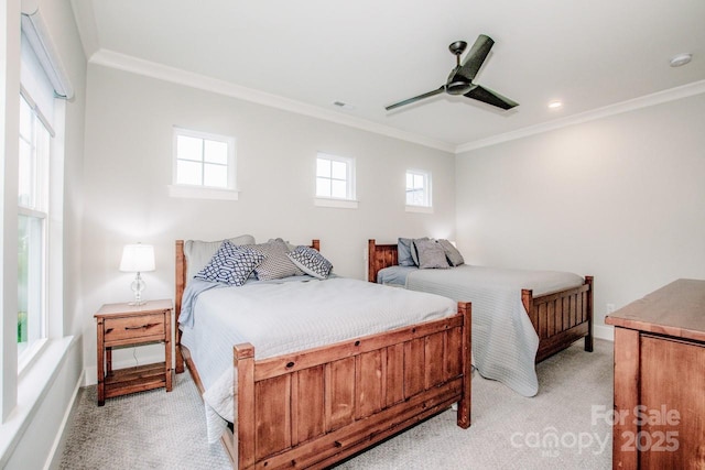 13708 Huntson Park Ln, Huntersville, NC 28078 - bedroom featuring light carpet, ornamental molding, and a ceiling fan