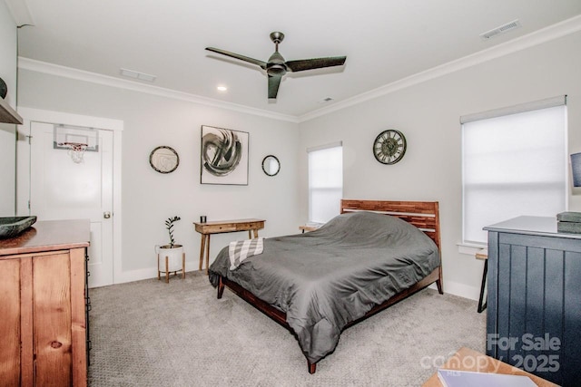 13708 Huntson Park Ln, Huntersville, NC 28078 - bedroom with light colored carpet, ornamental molding, and ceiling fan