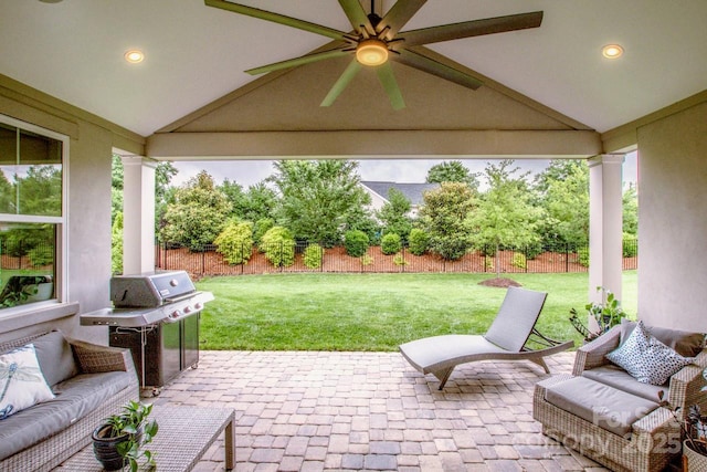 13708 Huntson Park Ln, Huntersville, NC 28078 - fenced backyard with area for grilling, ceiling fan, a patio area, and outdoor lounge area