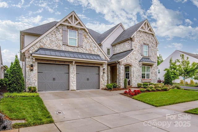 13708 Huntson Park Ln, Huntersville, NC 28078 - view of front of home featuring stone siding, concrete driveway, a garage, and a standing seam roof