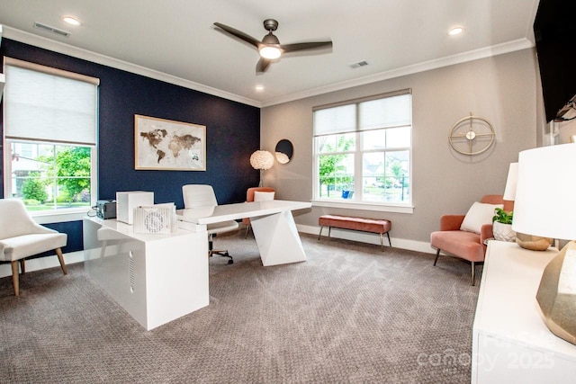 13708 Huntson Park Ln, Huntersville, NC 28078 - carpeted office featuring plenty of natural light, ornamental molding, a ceiling fan, and recessed lighting