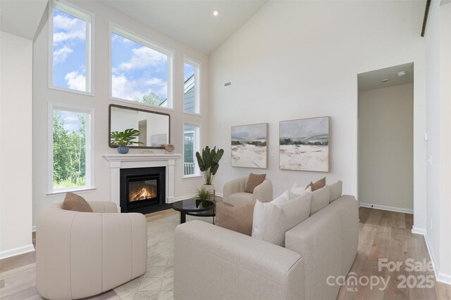 18019 Wilbanks Dr, Charlotte, NC 28278 - living area featuring high vaulted ceiling, a glass covered fireplace, baseboards, light wood-style floors, and recessed lighting
