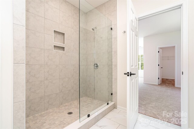 18019 Wilbanks Dr, Charlotte, NC 28278 - bathroom with walk in shower, baseboards, and marble finish floors