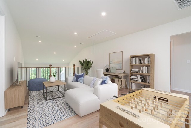 18019 Wilbanks Dr, Charlotte, NC 28278 - living room with light wood-type flooring, attic access, recessed lighting, and lofted ceiling