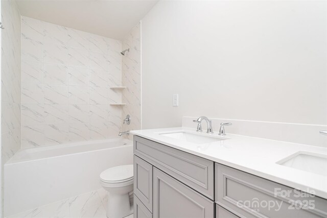 18019 Wilbanks Dr, Charlotte, NC 28278 - full bathroom featuring double vanity, toilet,  shower combination, and marble look tile flooring