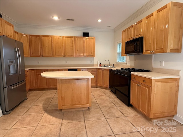 9177 Bonnie Briar Cir, Charlotte, NC 28277 - kitchen with black appliances, a sink, light countertops, a center island, and crown molding