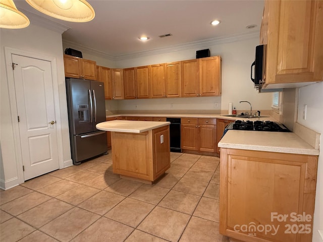 9177 Bonnie Briar Cir, Charlotte, NC 28277 - kitchen featuring black appliances, ornamental molding, a sink, light countertops, and light tile patterned floors