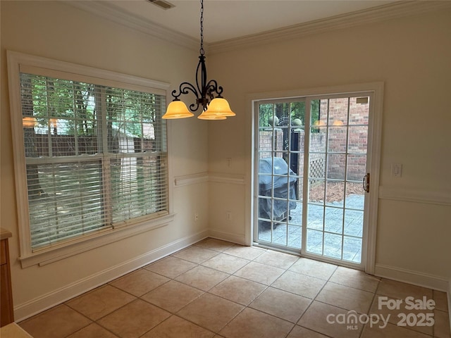 9177 Bonnie Briar Cir, Charlotte, NC 28277 - unfurnished dining area featuring tile patterned flooring, a chandelier, ornamental molding, and baseboards