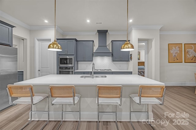 513 Meadow Ridge Dr, Belmont, NC 28012 - kitchen with custom range hood, appliances with stainless steel finishes, a sink, a kitchen bar, and ornamental molding