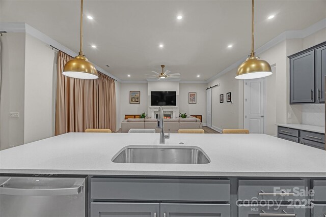 513 Meadow Ridge Dr, Belmont, NC 28012 - kitchen featuring gray cabinets, dishwasher, a sink, ceiling fan, and recessed lighting