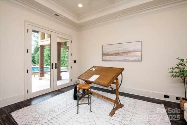 1501 Alydar Ct, Waxhaw, NC 28173 - office featuring crown molding, dark wood-style floors, baseboards, recessed lighting, and french doors