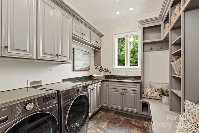 1501 Alydar Ct, Waxhaw, NC 28173 - washroom featuring separate washer and dryer, cabinet space, crown molding, recessed lighting, and dark stone finish floors