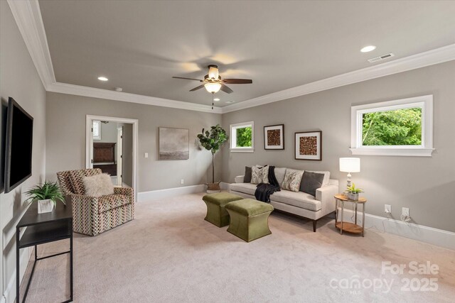 1501 Alydar Ct, Waxhaw, NC 28173 - carpeted living room featuring ceiling fan, recessed lighting, crown molding, and baseboards
