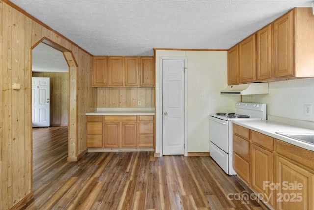 461 Tweed Rd, Madison, NC 28753 - kitchen featuring white electric range, under cabinet range hood, light countertops, dark wood finished floors, and wood walls