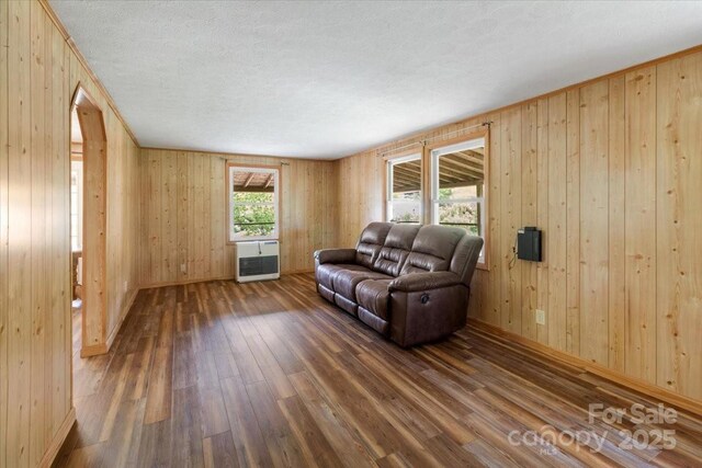 461 Tweed Rd, Madison, NC 28753 - living area featuring dark wood-style flooring, wooden walls, a textured ceiling, and heating unit